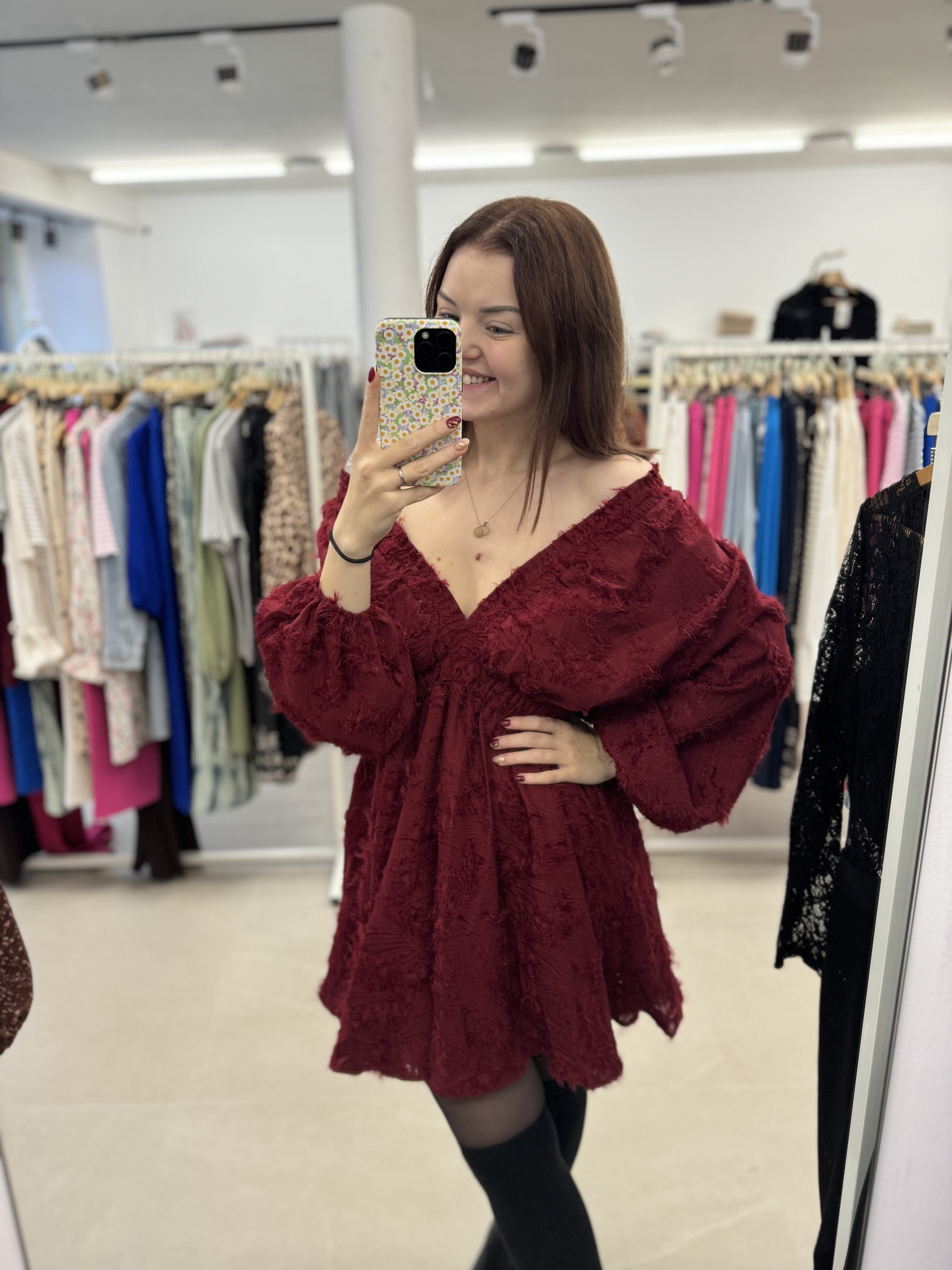 Ruffle V-Neck Dress - Bordeaux